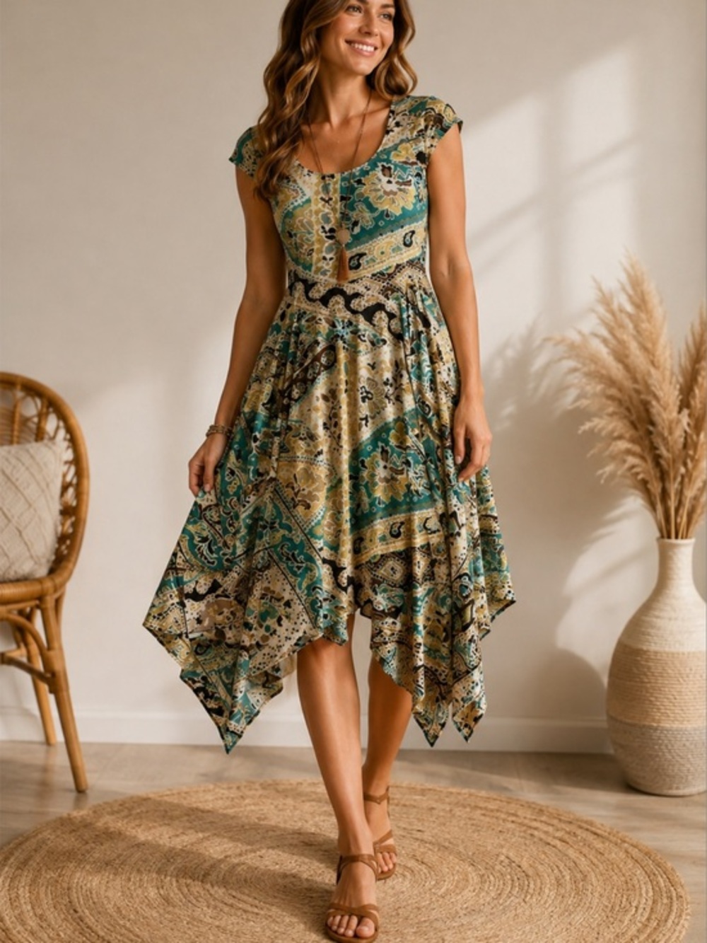 Signature by Robbie Bee Paisley Handkerchief Hem Dress Teal Tan Black Size 8